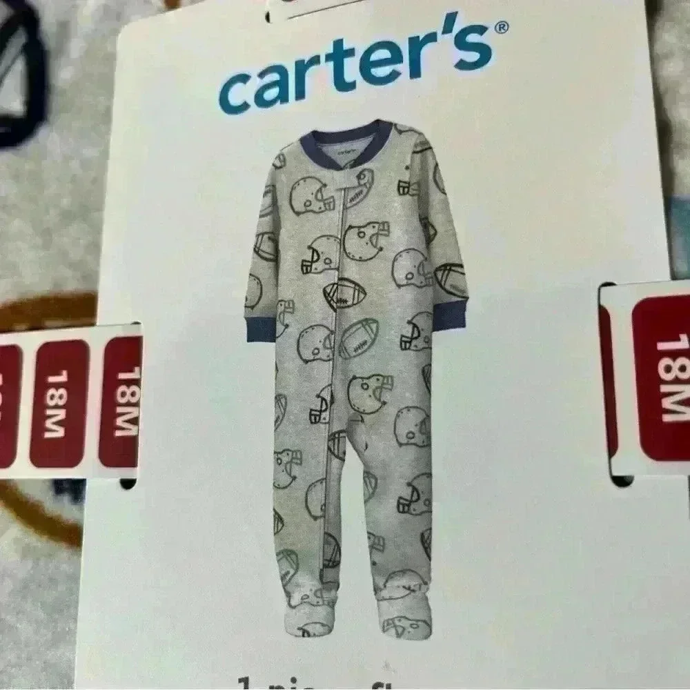 Carter's Baby's Fleece Sleepwear Close Foot Size 18Months 2 Way Zipper Football